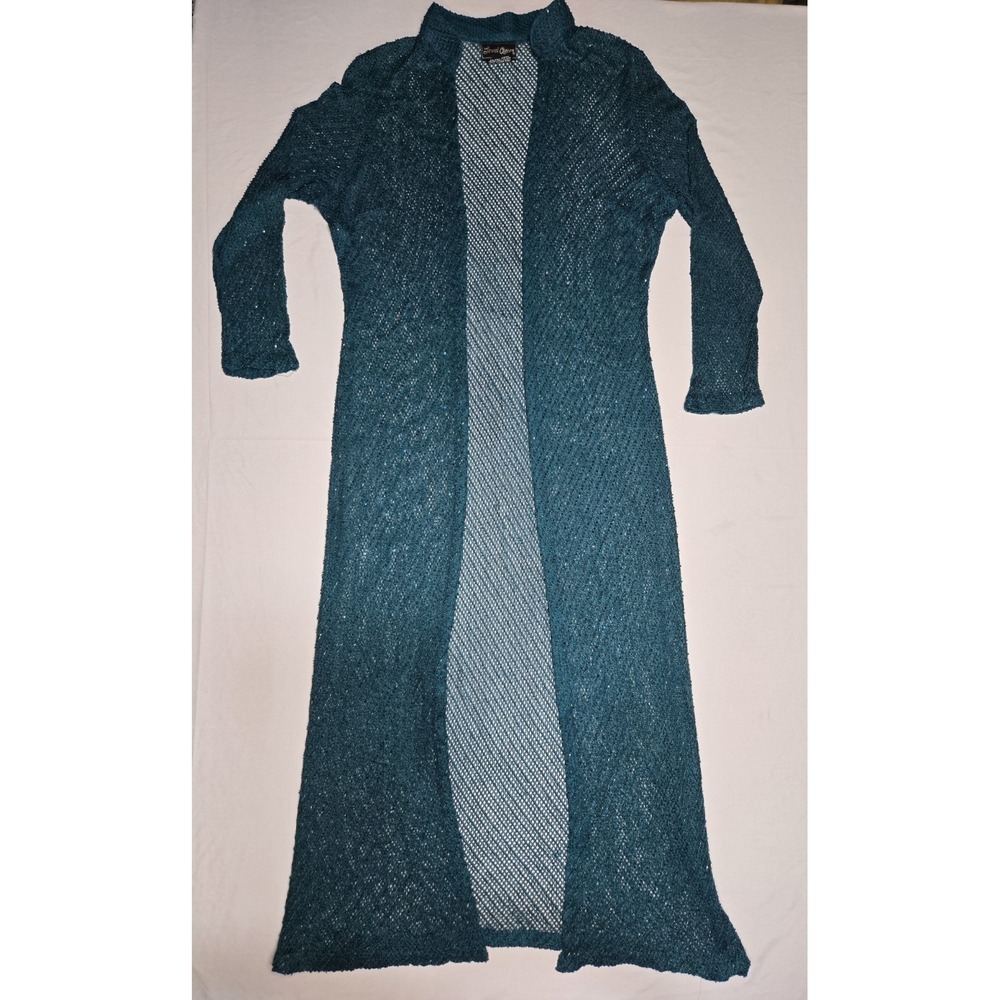 Vtg Jewel Queen Beaded Duster Cardigan Teal Rayon Size A8 Fits Large/XL See Pics